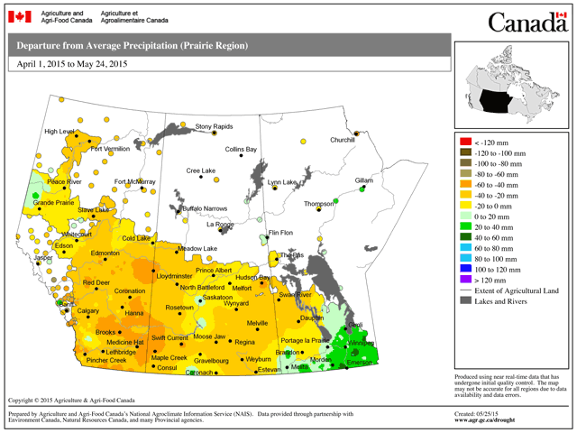 The departure from normal (in millimeters) across the Prairies for the past 30 days up to May 24 continues to show a dryness trend. (Graphic courtesy of Agriculture and Agri-Food Canada)