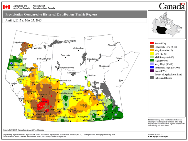 Precipitation compared to historical distribution for the Canadian Prairies from April 1 to May 25 shows dryness issues, including record dry spots in Alberta and Saskatchewan. (Graphic courtesy of Agriculture and Agri-Food Canada)