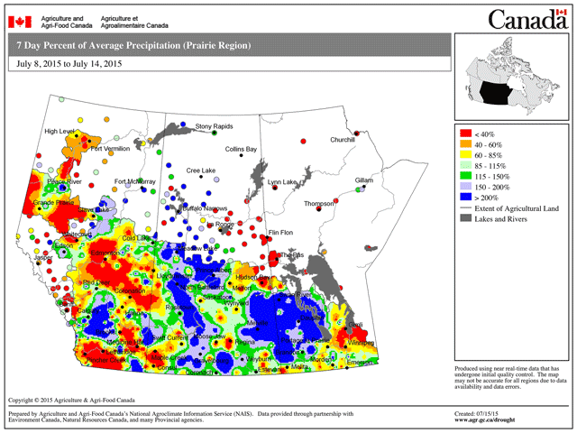 The departure from normal (in percent) across the Prairies during the seven-day period from July 8 to July 14 shows variable rainfall amounts in each province. (Graphic courtesy of Agriculture and Agri-Food Canada)