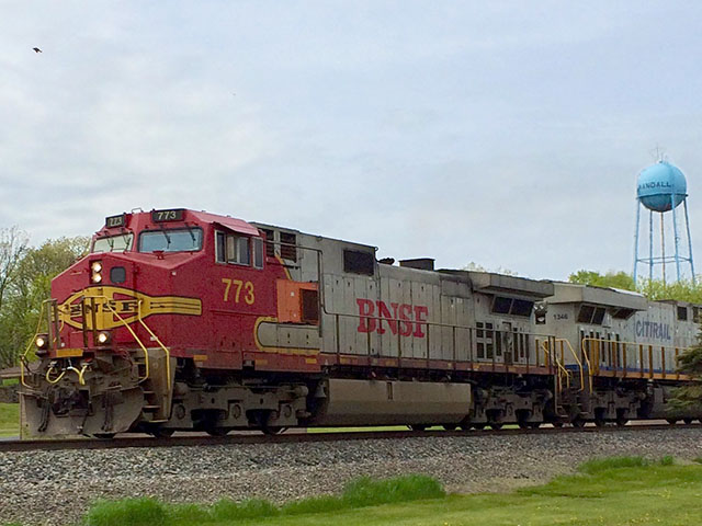 A BNSF train heads east through Randall, Minnesota, on the Northern Transcon. (DTN photo by Mary Kennedy)