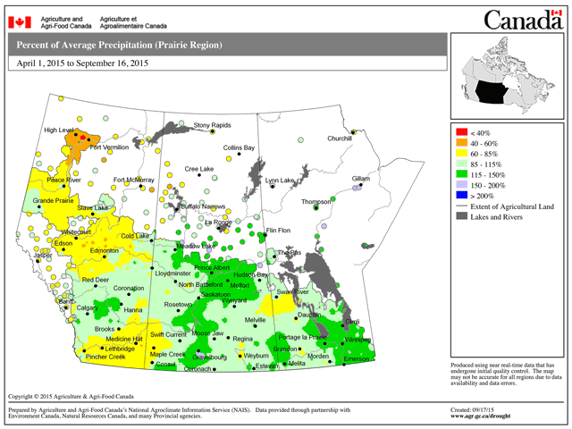 The percent of average precipitation for the Prairies from April 1 to September 16 shows there remains areas of Western Canada that still are dry, but soil moisture overall has improved compared to earlier this summer. (Graphic courtesy of Agriculture and Agri-Food Canada)