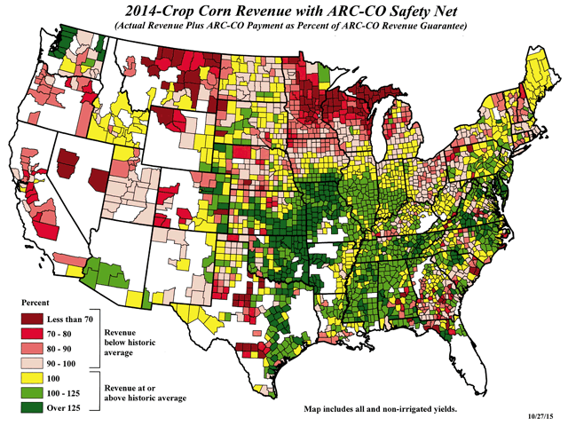 This map shows the range of income impacts of lower corn prices and counties that generated ARC-County payments for corn base acres. Farmers in the yellow, pink and red counties could receive ARC payments. Farmers in green and dark green counties would not receive an ARC payment for corn base acres. (DTN file photo)