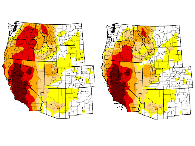 A comparison of western U.S. Drought Monitor conditions from December 1 (left) to Dec. 29 (right) shows that Washington and Oregon have some notable benefit due to heavy rain and snow. (National Drought Mitigation Center graphic)