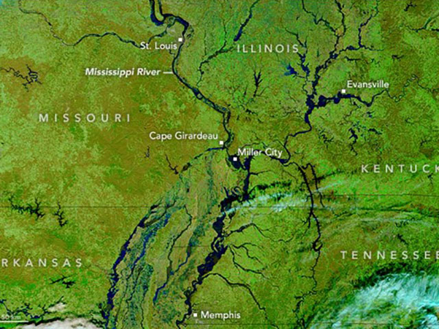 This photo taken by NASA's Terra Satellite on Jan. 4 shows the swollen Mississippi River and its tributaries. (Photo courtesy of nasa.gov) 
