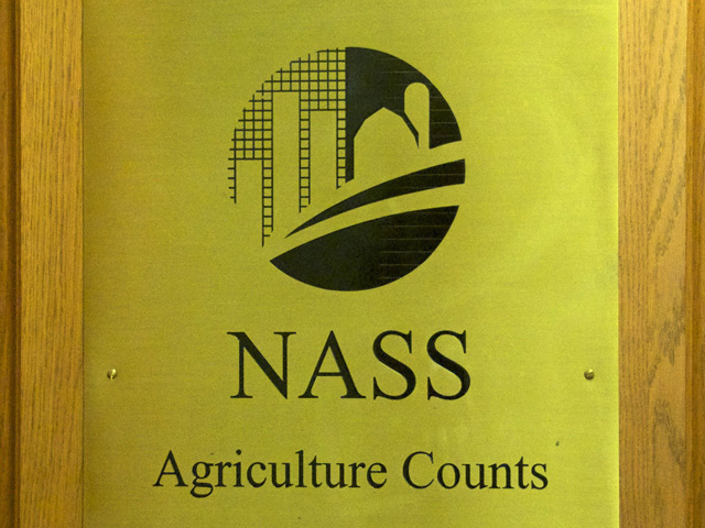 The National Ag Statistics Service logo on a door at USDA. (DTN file photo)