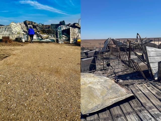Pictured is one of the buildings lost in the wildfires at Rival Genetics farm outside of Canadian, Texas, and the barn where Tatum Swenhaugen and her brother kept their show pigs when they were growing up. (Photos courtesy of Tatum Swenhaugen)